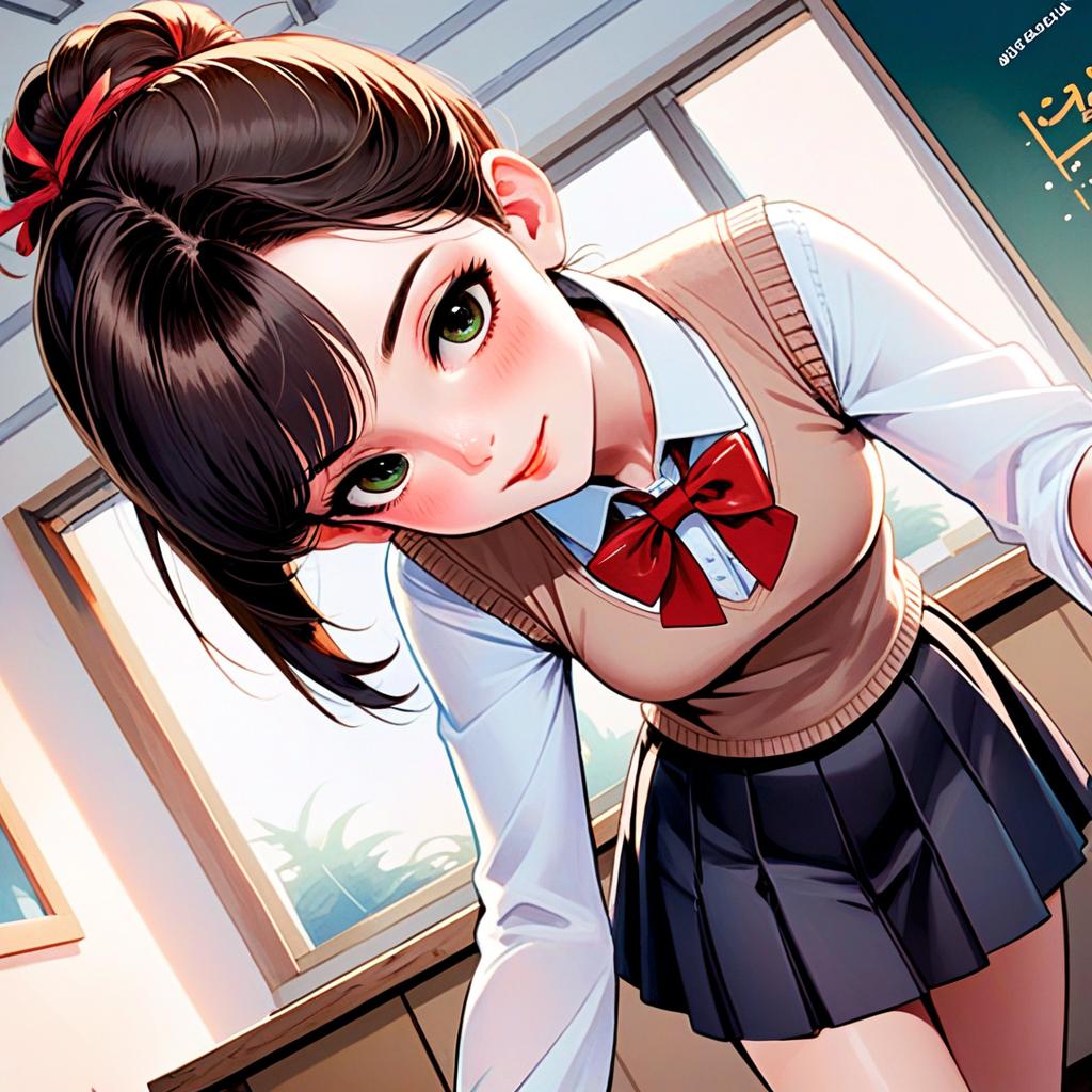 Anime School Girl in Uniform Leaning Forward in Classroom Digital Art