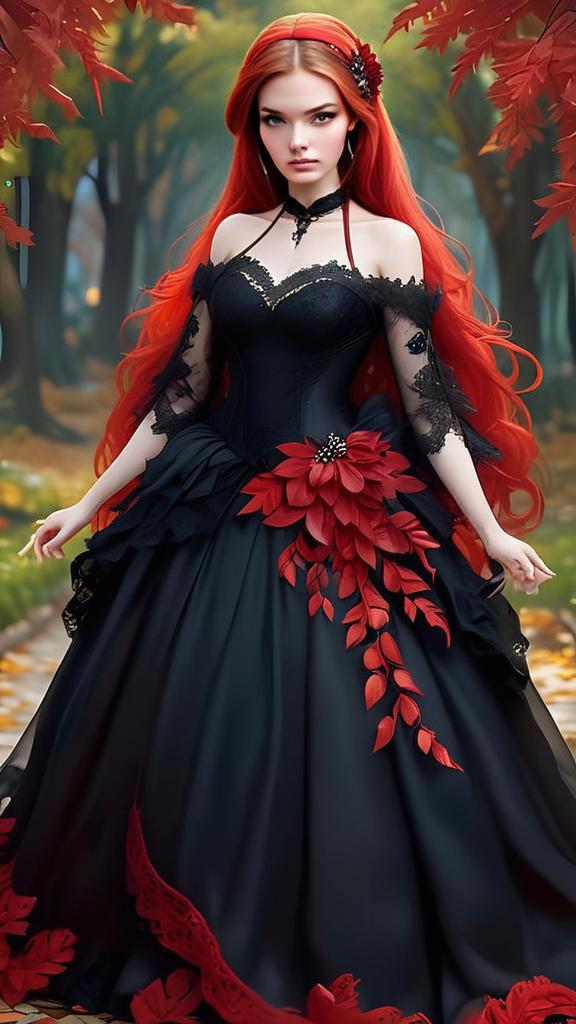 Woman in Black Gown with Red Hair in Autumn Forest Woman in Black Gown with Red Hair in Autumn Forest