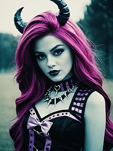 Woman in Monster High Costume with Magenta Hair and Gothic Accessories