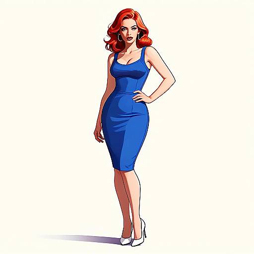 Elegant Red-Haired Woman in Blue Dress Digital Illustration