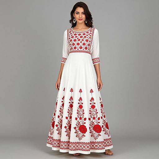 White Anarkali Dress with Red Floral Embroidery for Women