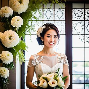 Smiling Bride with White Roses in Elegant Gown