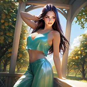 Woman in Teal Outfit on Veranda Surrounded by Citrus Trees