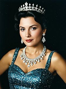 Elegant Woman in Blue Sequined Gown with Diamond Tiara and Jewelry