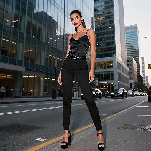 Confident Woman in Black Satin Outfit on City Street