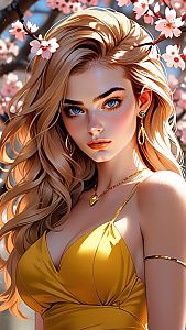 Anime Woman with Blonde Hair and Cherry Blossoms