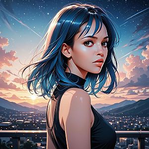 Young Woman with Blue Hair on Rooftop at Sunset