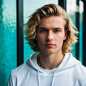 Young man in white hoodie with blonde hair and blue eyes
