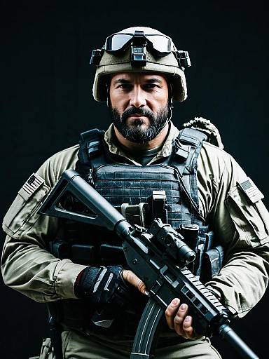 Man in SEAL Team Six Raid Costume Cosplay with Tactical Gear and Assault Rifle
