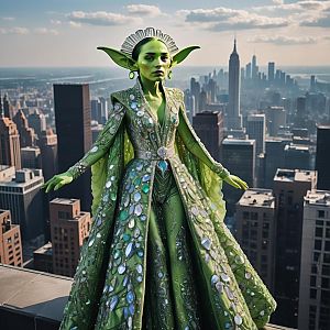 Fantasy Woman with Green Skin in Jewel-Encrusted Gown Overlooking City Skyline