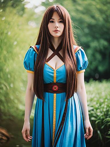 Woman in Blue Medieval Style Dress with Long Hair Outdoors