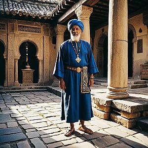 Elderly Man in Traditional Blue Robe Standing in Historic Courtyard