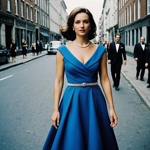 Classy Formal Wear Woman in Blue Dress Standing on City Street