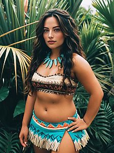 Woman in Revealing Moana-Inspired Tribal Costume with Tropical Background