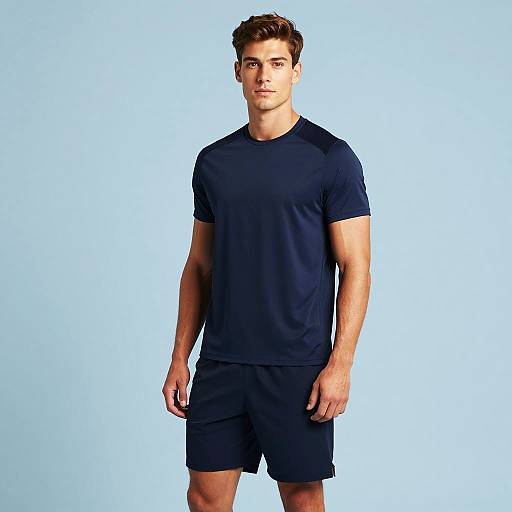 Young Man in Navy Athletic Wear on Light Blue Background