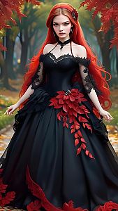 Woman in Black Gown with Red Hair in Autumn Forest