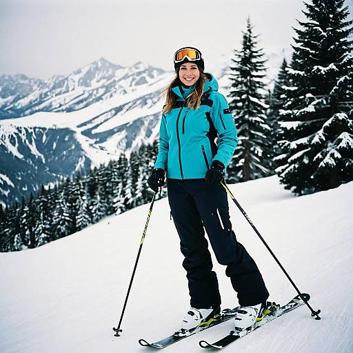 Woman in Ski Trousers Posing on Snowy Mountain with Skiing Gear