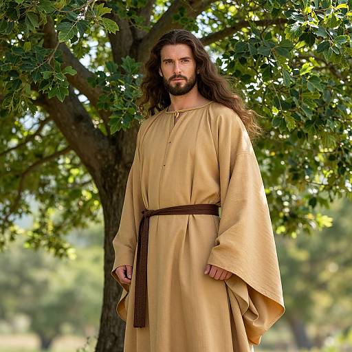 Man in Traditional Tan Robe Standing Under Tree Outdoors