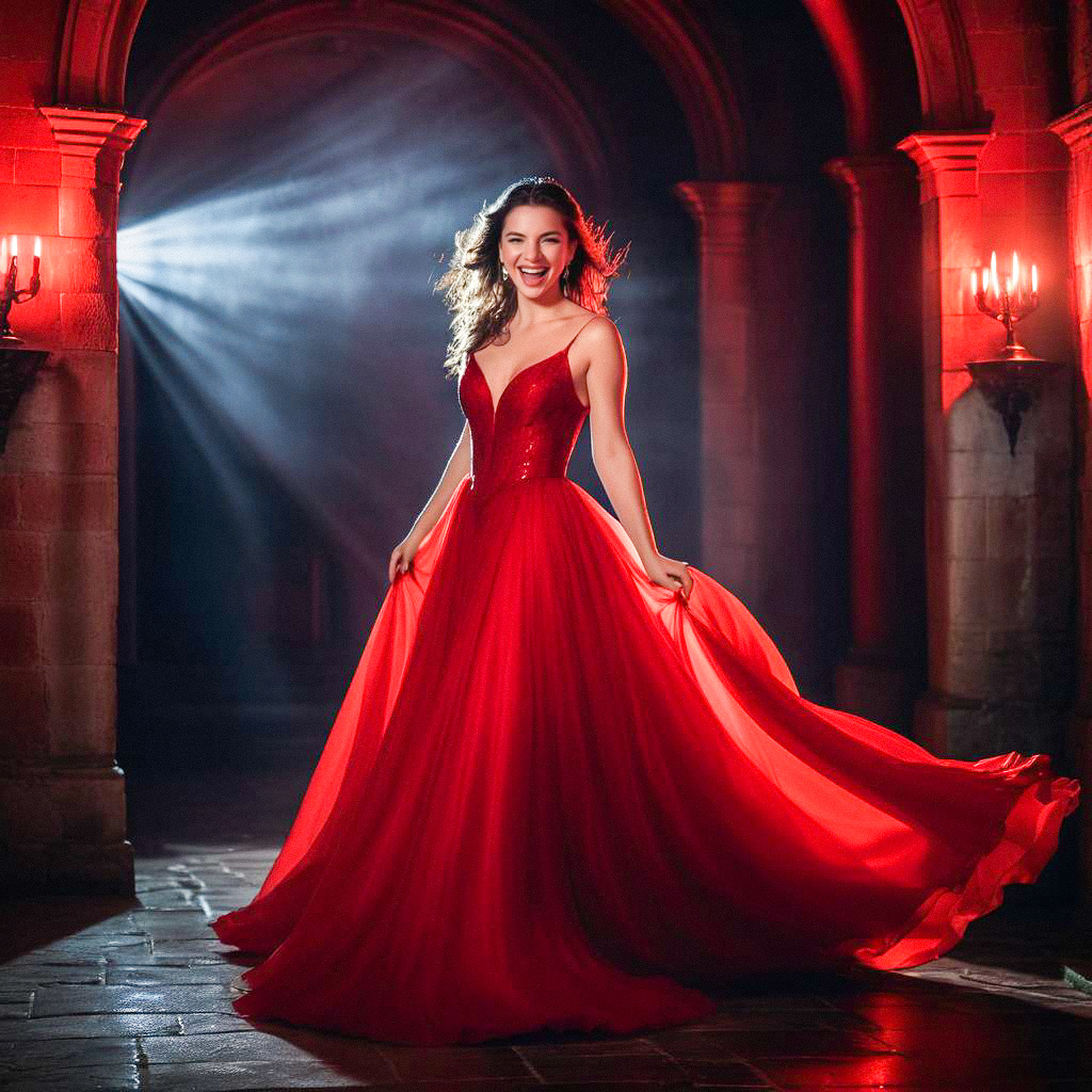 Woman in Red Gown Twirling Under Gothic Arches