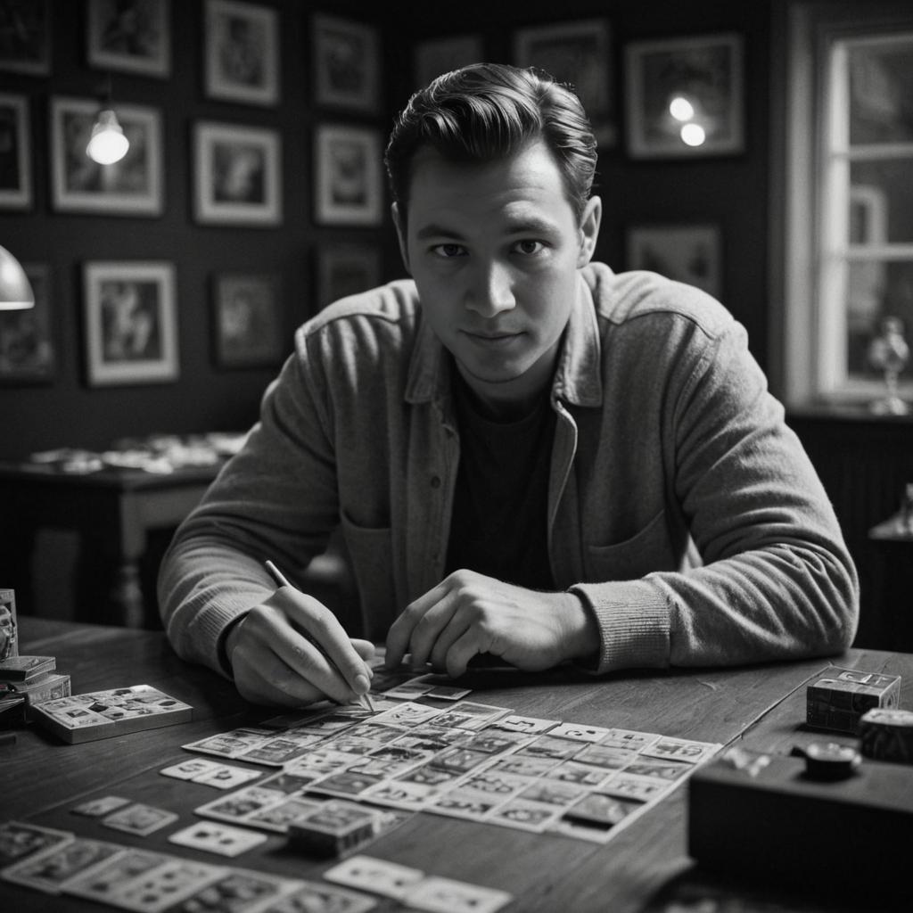 Focused man playing board game in black and white