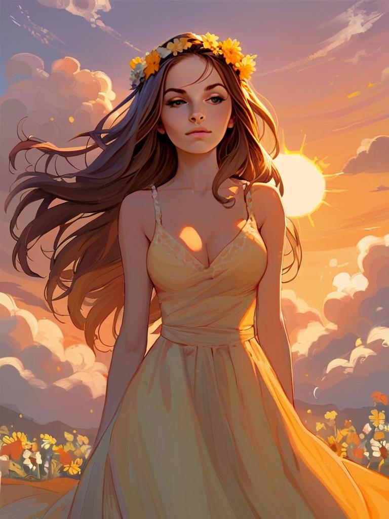 Woman in Yellow Dress in Flower Field at Sunset Woman in Yellow Dress in Flower Field at Sunset