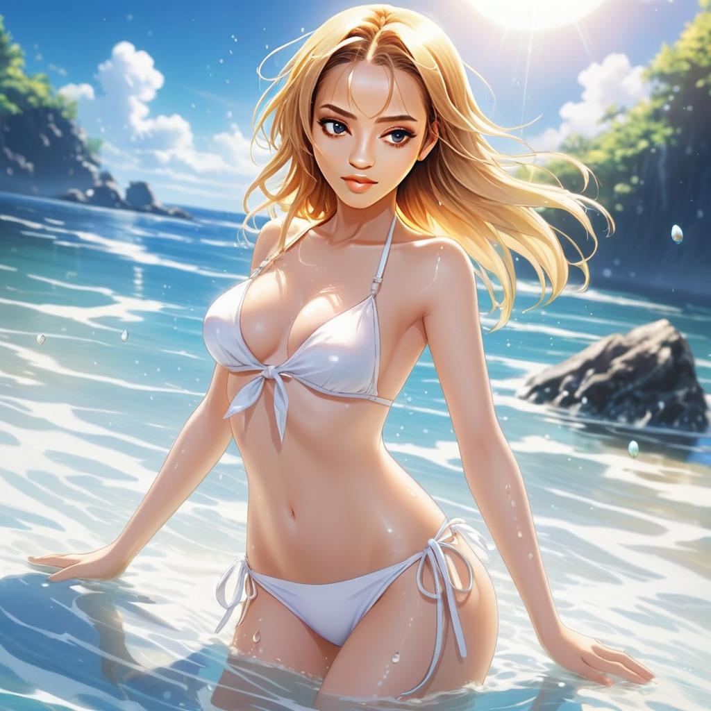 Blonde Woman in White Bikini at Sunlit Beach Digital Art