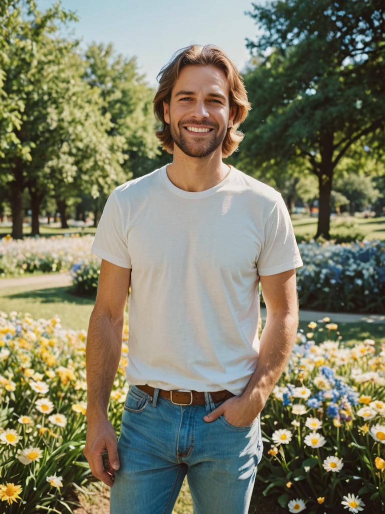 Happy man in sunny park with flowers