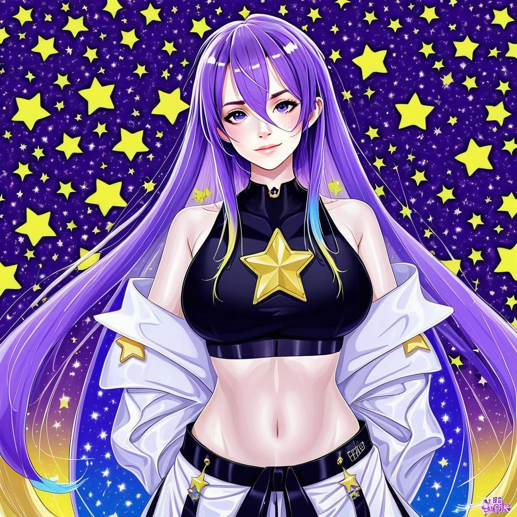 Anime Woman with Purple Hair in Star-Themed Costume