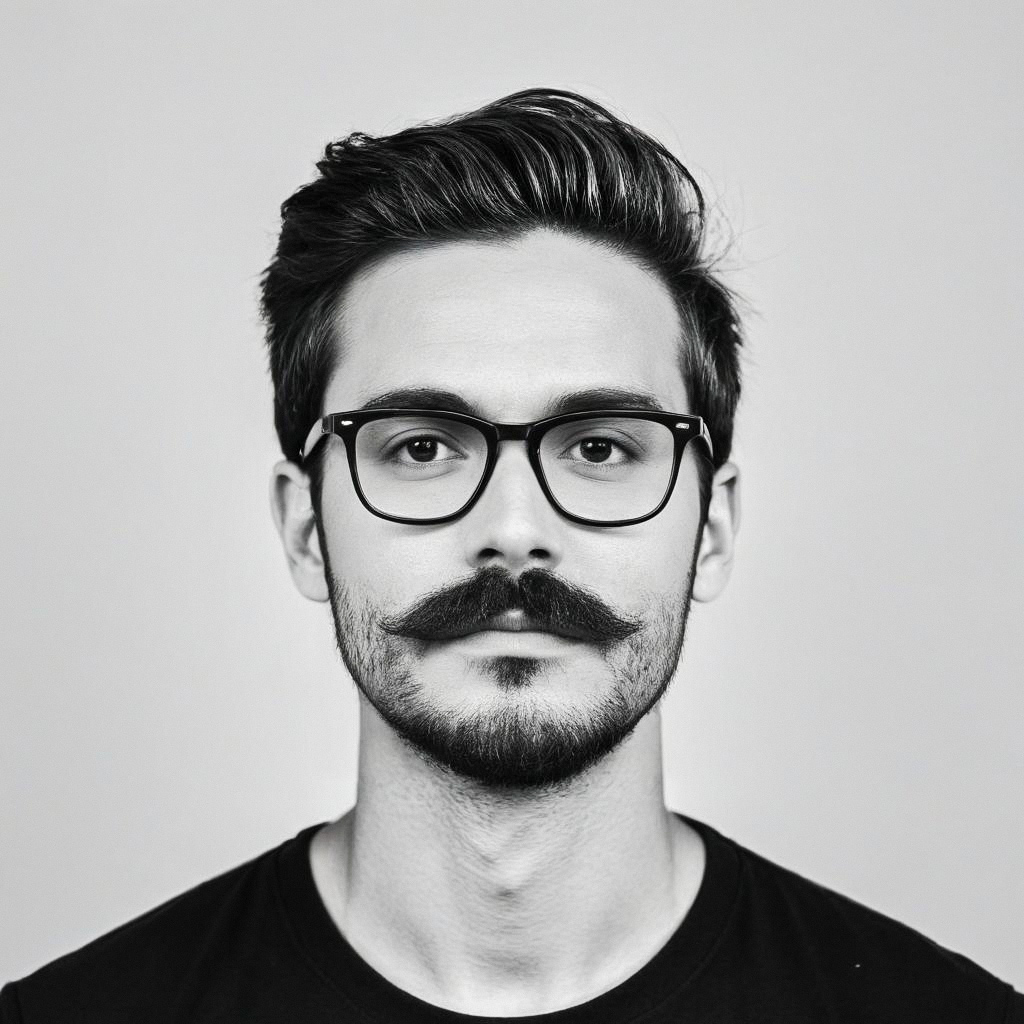 Close-up black and white portrait of a young man with glasses and a curled mustache Close-up black and white portrait of a young man with glasses and a curled mustache