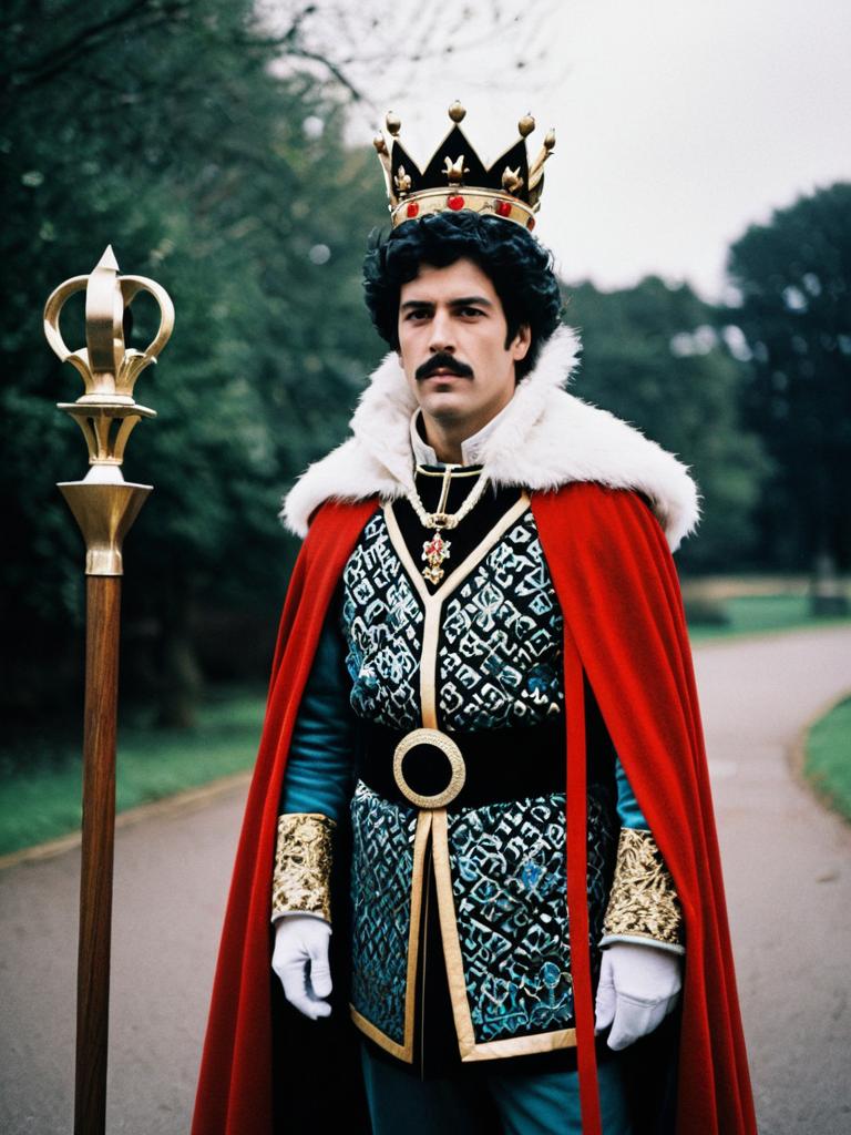 Man in King Outfit Costume with Crown and Scepter Outdoor Portrait