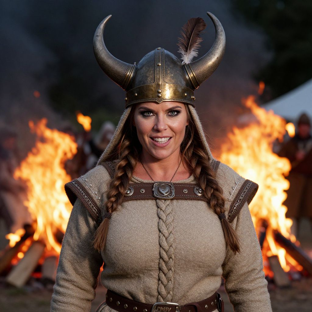 Woman Viking Warrior in Horned Helmet Standing by Bonfire