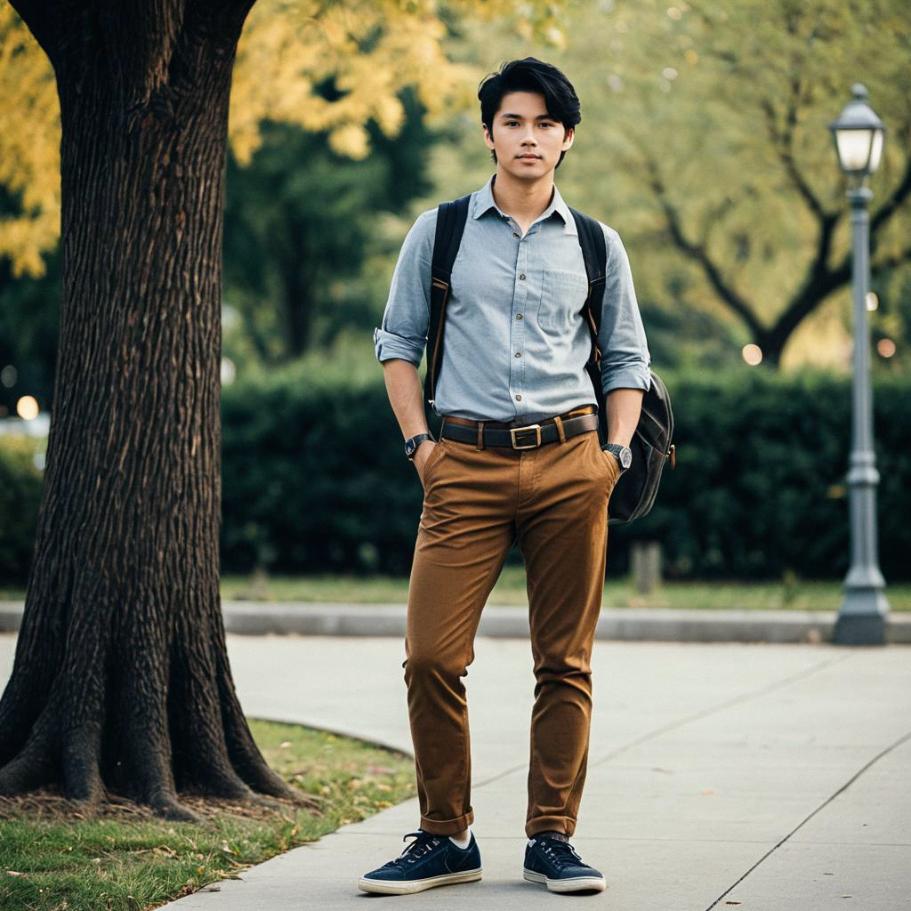 Confident young man in park with backpack Confident young man in park with backpack