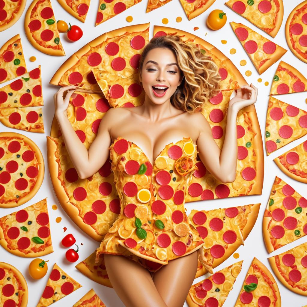 Woman in Pizza-Themed Outfit Surrounded by Toppings