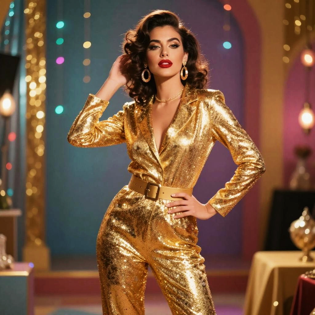 Glamorous Woman in Gold Sequin Jumpsuit with Vintage Hollywood Style