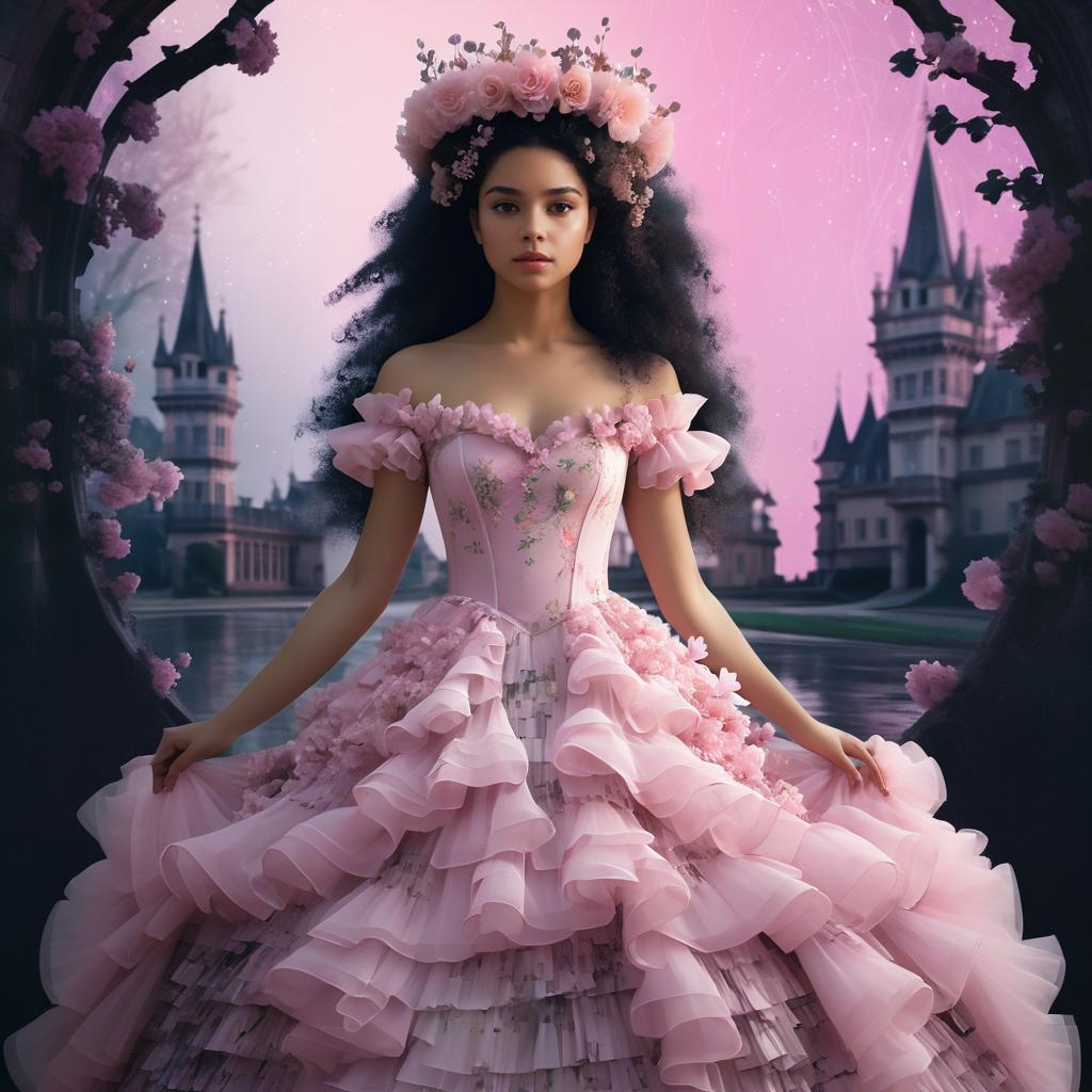 Woman in Pink Ball Gown with Floral Crown and Castles