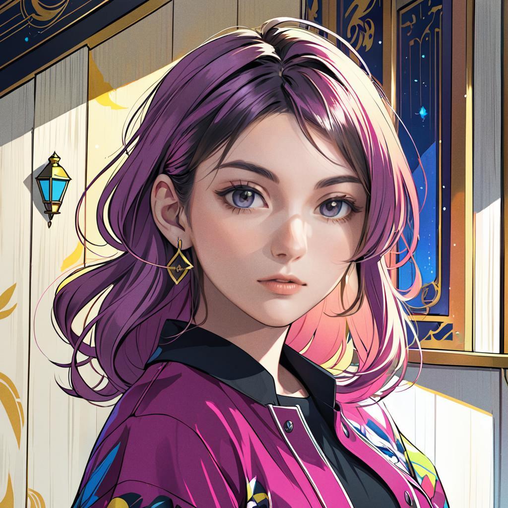 Anime Woman with Purple-Pink Hair in Vibrant Jacket