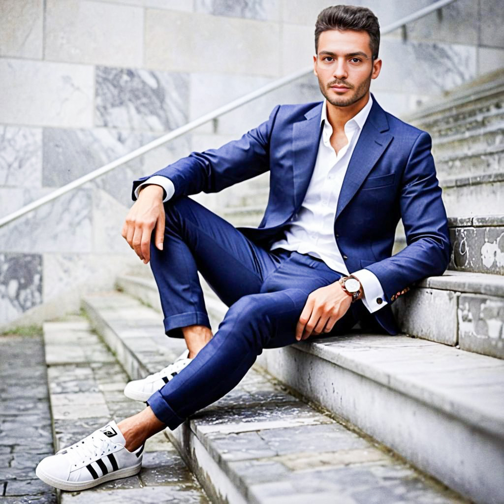 Stylish Young Man in Navy Suit and Sneakers