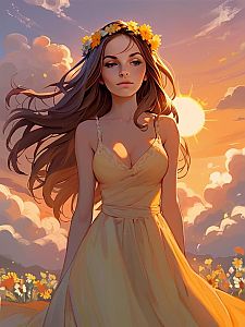 Woman in Yellow Dress in Flower Field at Sunset