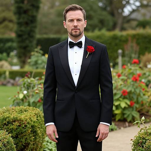Man in Classic Black Tuxedo with Red Rose Boutonniere in Garden