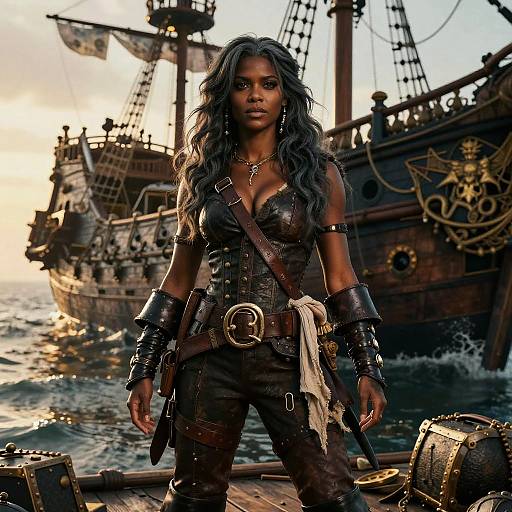 Fierce Woman Pirate in Leather Costume with Historic Ship Background