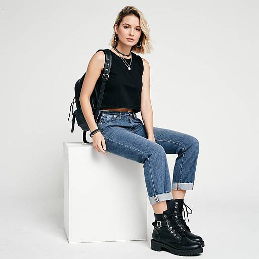 Casual Streetwear Woman in Sleeveless Black Denim Tank Top and Relaxed Fit Jeans