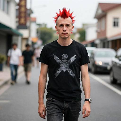 Man with Red Spiked Mohawk Punk Hairstyle on Urban Street