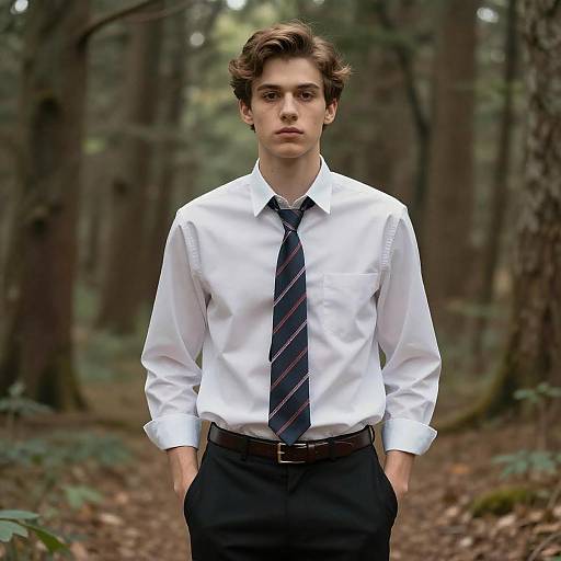 Young Man in White Shirt and Tie in Forest - Gen Z Style Portrait