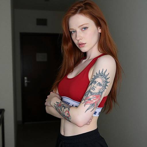 Young Red-Haired Woman with Tattoos Wearing Red Sports Bra