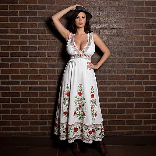 Woman in White Floral Embroidered Bohemian Maxi Dress with Gray Hat
