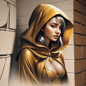 Woman in Golden Cloak Against Stone Wall