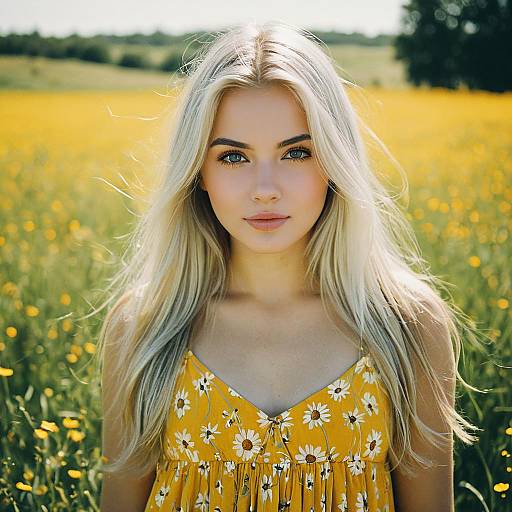 Blonde Woman in Yellow Floral Dress in Sunlit Flower Field