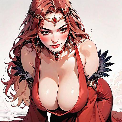 Fantasy Anime Woman in Red Dress with Jewelry and Feathers Digital Artwork