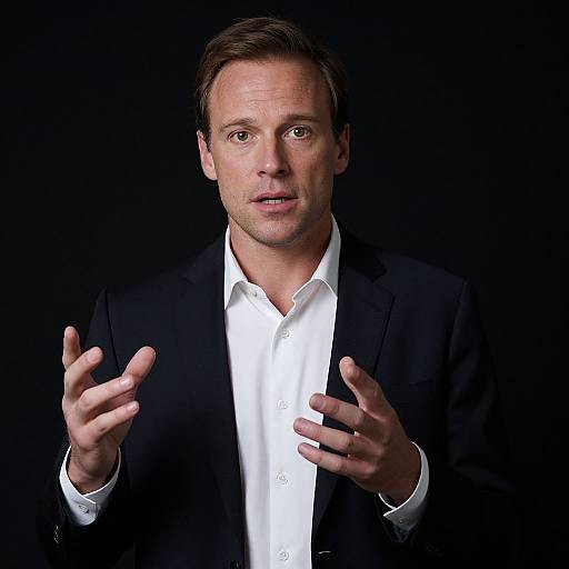 Professional Man Gesturing Confidently in Black Suit