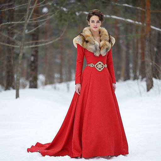 Elegant Woman in Red Gown with Fur Collar in Snowy Forest
